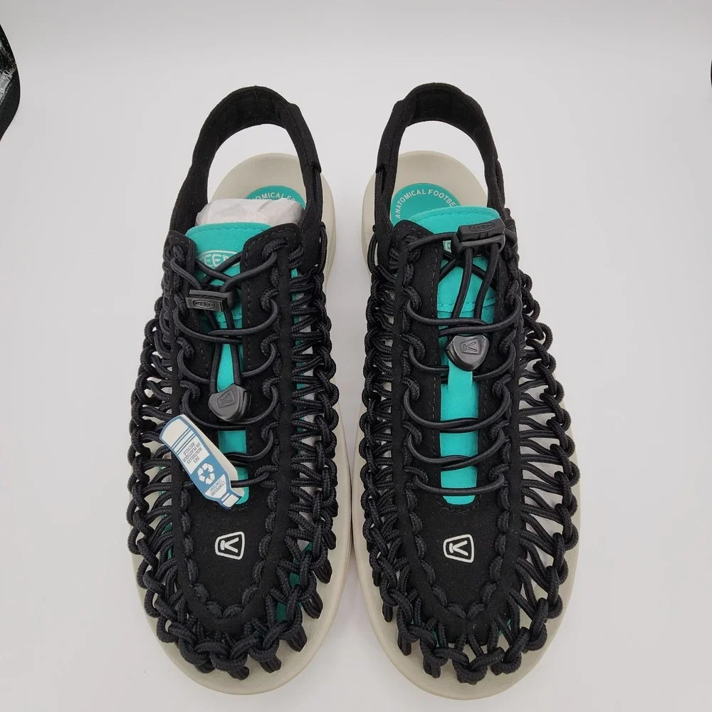 Keen Uneek Sport Fisherman Sandals Mens Size 10 Black Bright Aqua Boat Shoes NEW